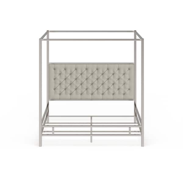 HomeSullivan Off White Metal Canopy Bed with Upholstered Headboard