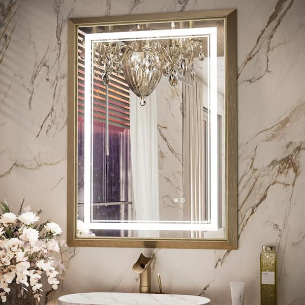 KeonJinn 24 in. W. x 36 in. H Rectangular Aluminum Framed with 3-Colors Dimmable LED Wall Mount Bathroom Vanity Mirror in Gold