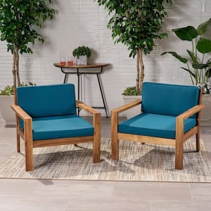 Santa Ana Teak Brown Removable Cushions Wood Outdoor Patio Lounge Chair with Dark Teal Cushions (2-Pack)