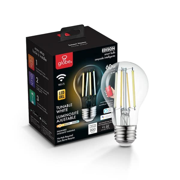 Globe Electric 60 Watt Equivalent A19 Wi-Fi Smart Dimmable Vintage Edison LED Light Bulb, Tunable White Light