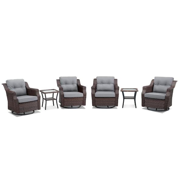 6-Piece Wicker Patio Conversation Set with Gray Cushions, Ergonomics Outdoor Swivel Chair