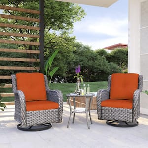 3-Piece Wicker Swivel Outdoor Rocking Chairs Patio Conversation Set with Orange Cushions