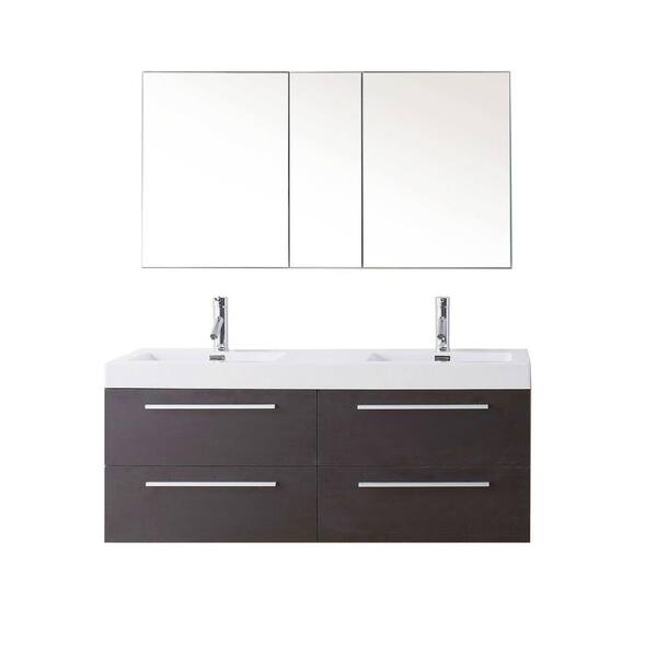 Virtu USA Finley 55 in. W Bath Vanity in Wenge with Polymarble Vanity Top in White Polymarble with Square Basin and Faucet