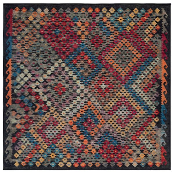 Journey Charcoal/Red 7 ft. x 7 ft. Machine Washable Floral Diamond Square Area Rug