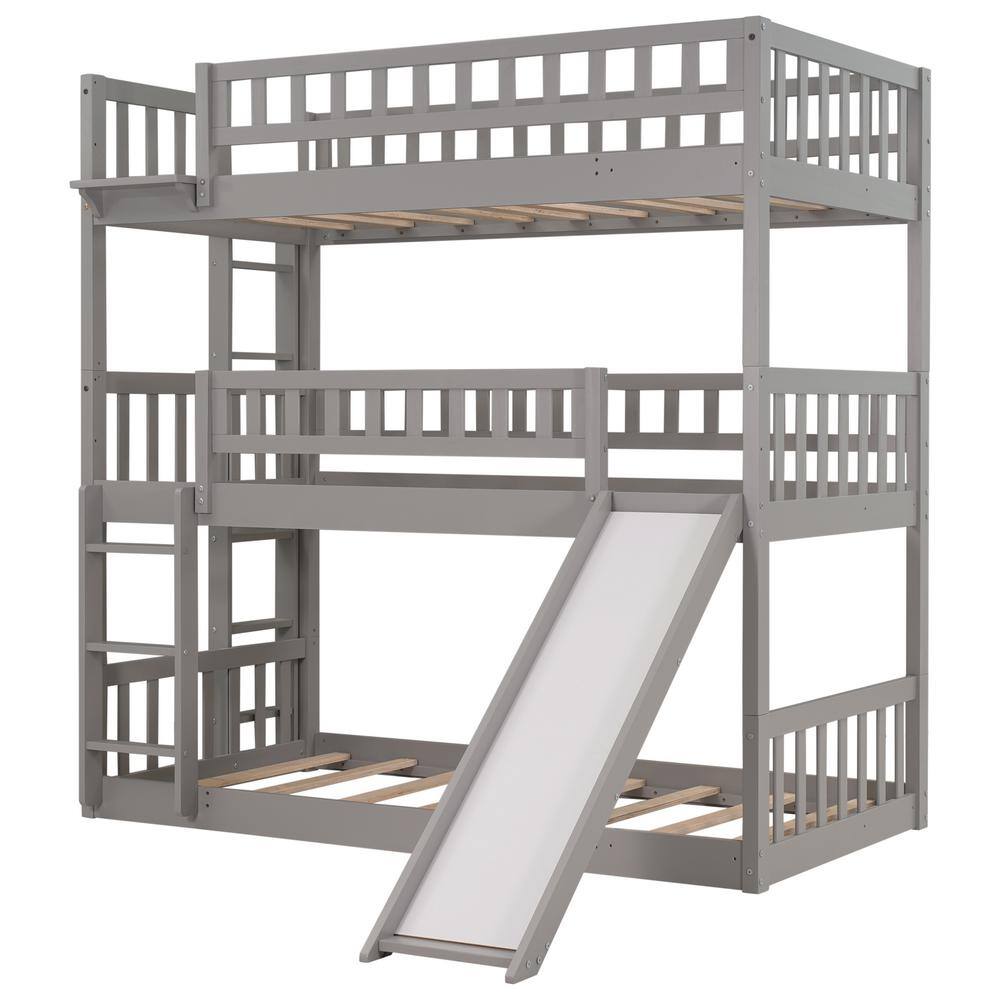 Qualler Gray Twin Over Twin Separable Triple Bunk Bed with Slide ...