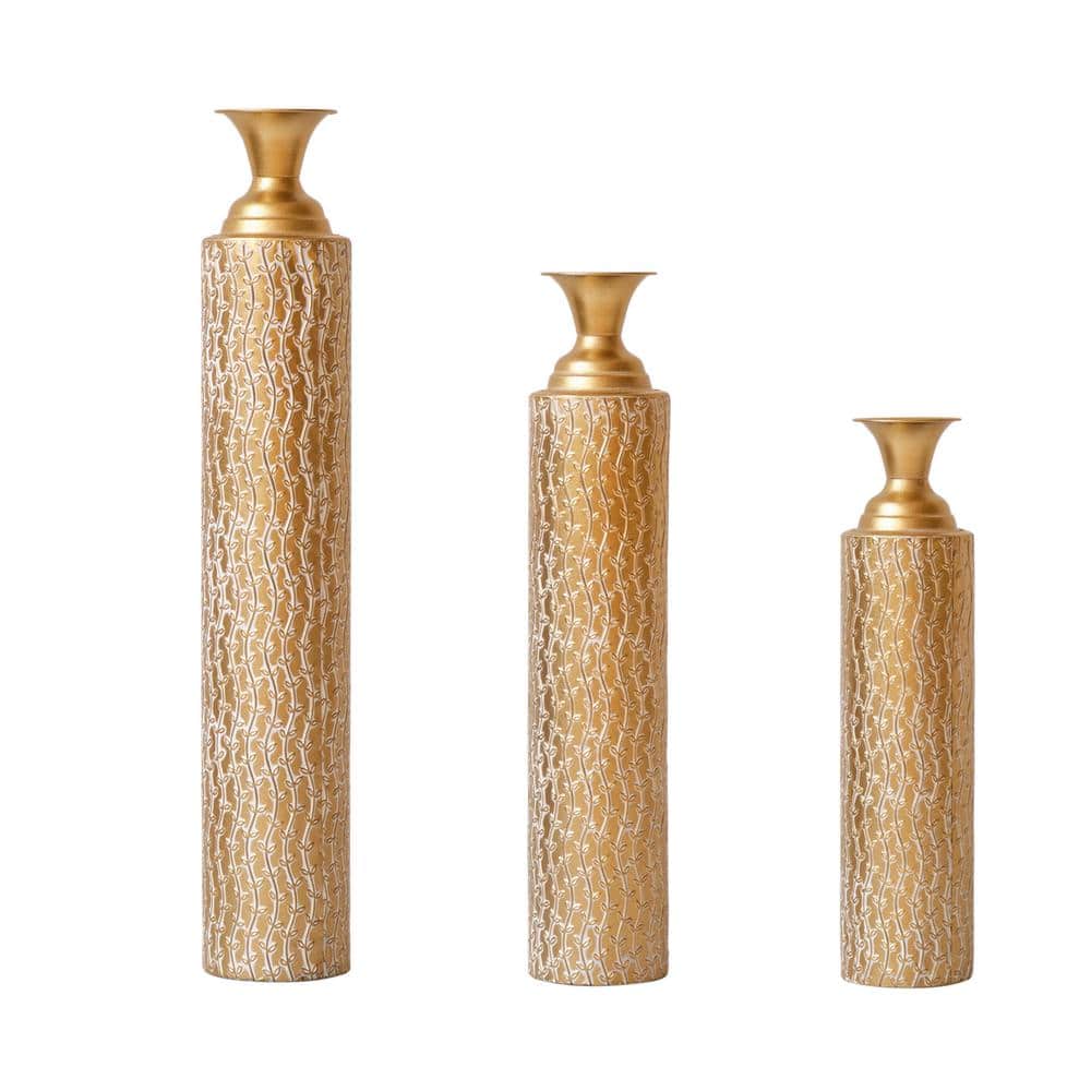 34 in. Polished Gold Metal Decorative Vase with Growing Vine Patterns for I