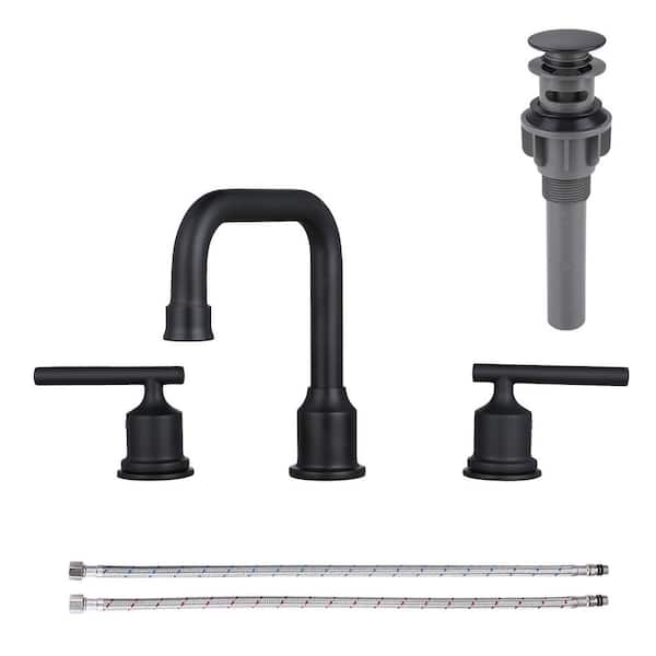 8 in. Widespread Double Handle High Arc Bathroom Faucet with Drain Kit Included in Matte Black