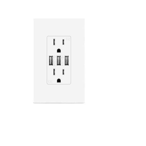 TruePower Electrical Duplex Outlet Receptacle with 3-High Power USB Ports, Totaling 6 Amp