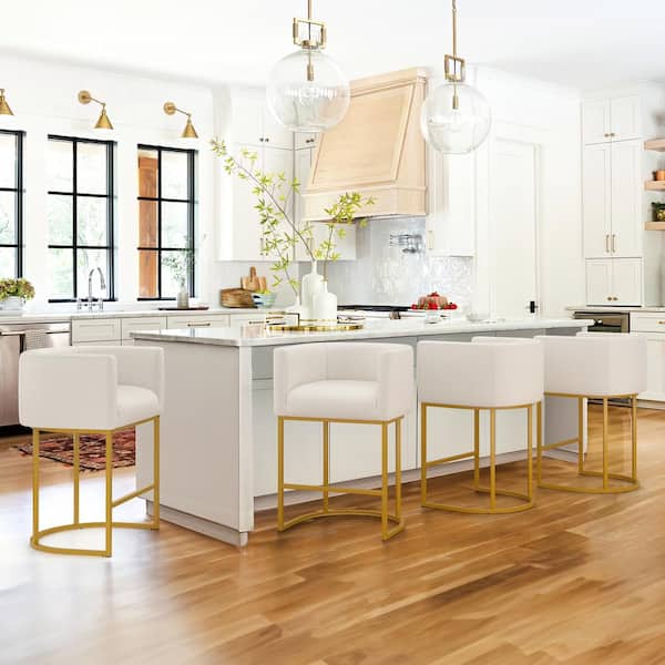 26 in. Beige and Gold Low Back Bar Stool with Metal Frame Counter Height Linen Fabric Counter Stool(Set of 3)