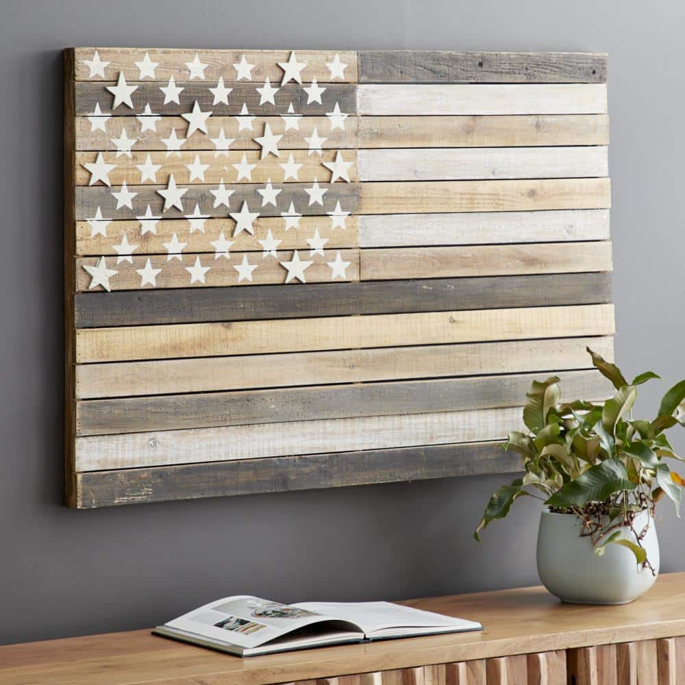 Handmade Washed Brown and Cream Wood American Flag Wall Decor