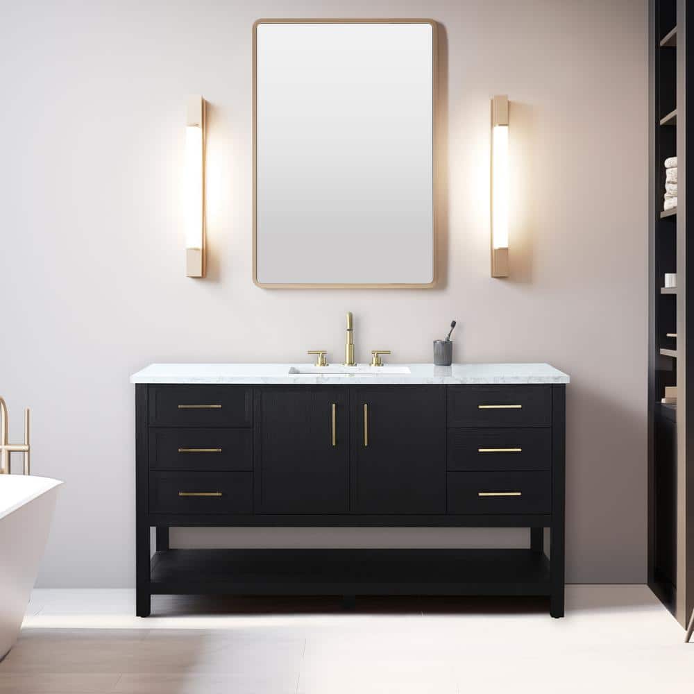Oliver 60 in. W Bath Vanity in Black Oak with Engineered Stone Top in Arabescato with White Sink price history on PriceWatchPro
