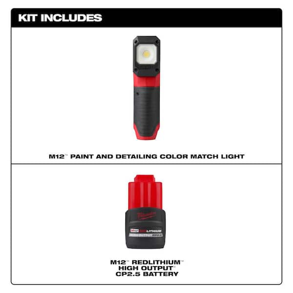 M12 12V Lithium-Ion Cordless LED Paint and Detailing Color Match Light w/M12 Compact High Output 2.5 Ah Battery Pack