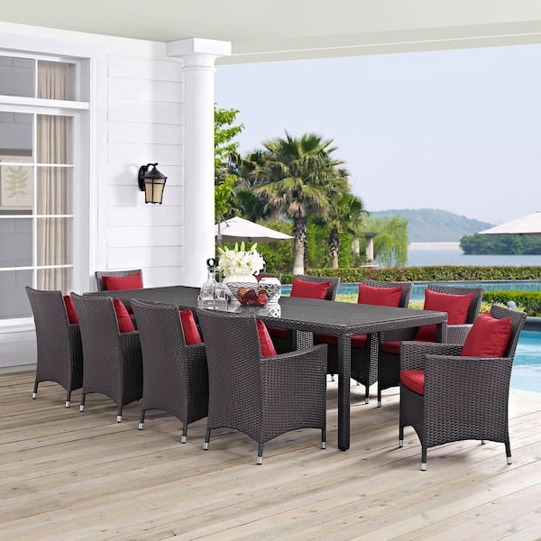 Convene Espresso 11-Piece Aluminum Outdoor Dining Set with Red Cushions
