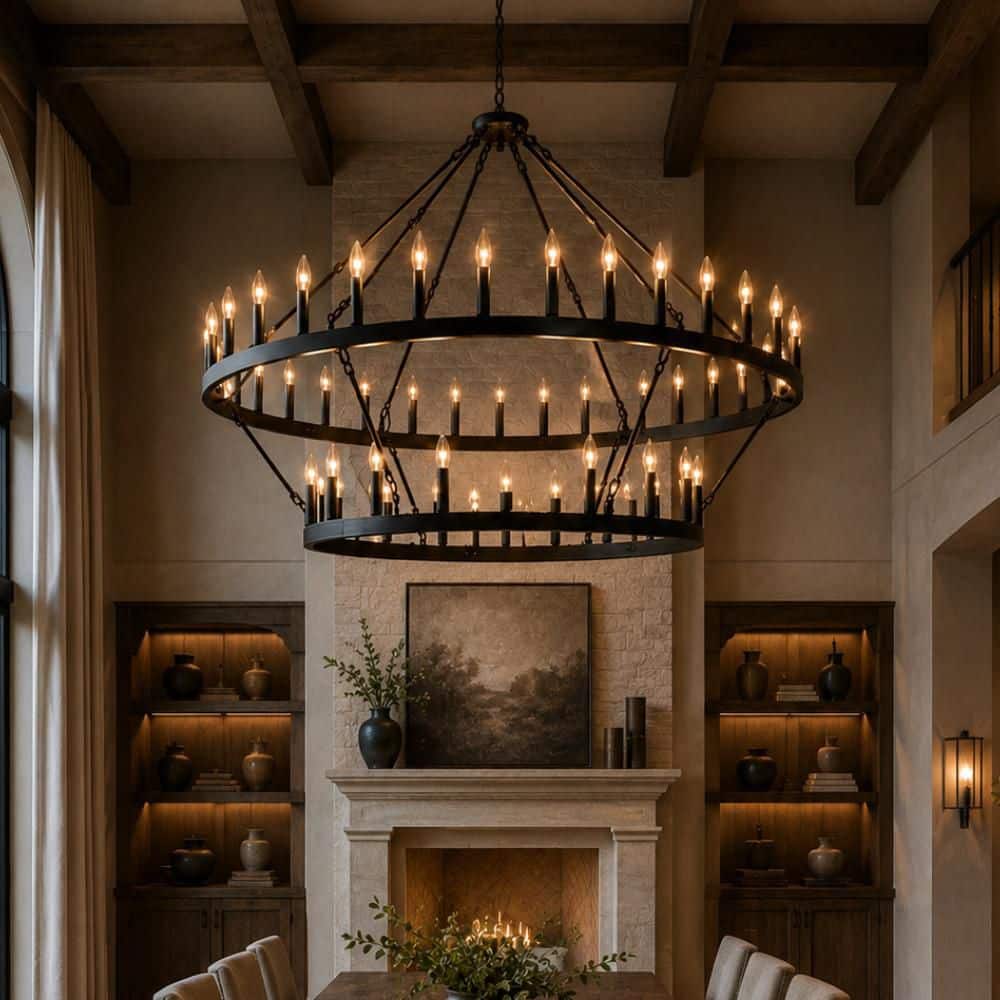 Briignite 60 in. 54-Light Extra Large Black Wagon Wheel Chandelier