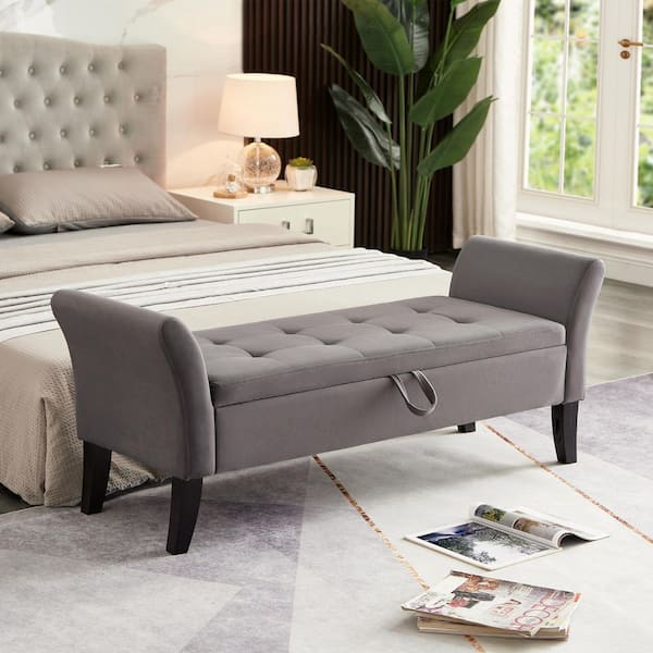 Charlotte Grey 51.5 in. Velvet Upholstered Storage Bedroom Bench with Tufted Seat, Solid Wood Legs, Curved Arms