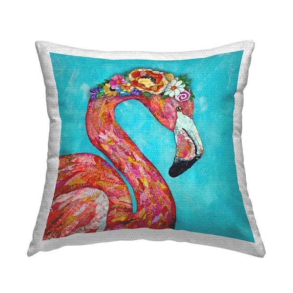 Bold Pink Flamingo Floral Garland Blue Square Outdoor Throw Pillow