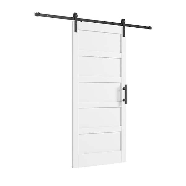 36 in. x 80 in. 5 Lite Manufactured Solid Wood Core White Finished Interior Sliding Barn Door with Hardware Kit