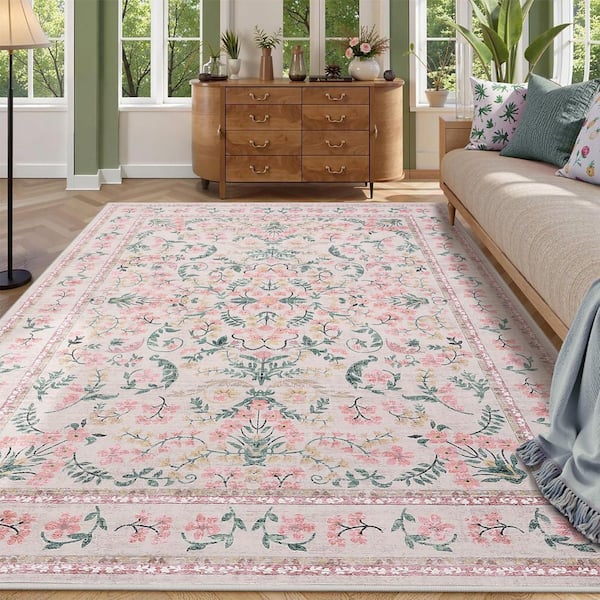 9 X 12 ft. Pink Area Rug for Living Room, Washable Floral Soft Rug, Non Slip Low Pile Carpet, for Bedroom, Dining Room