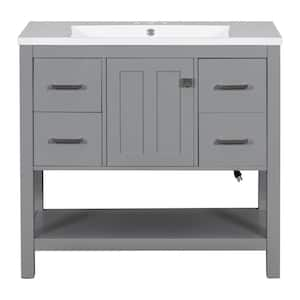 36 in. W Single Sink Bath Vanity in Gray with White Solid Surface Top, USB Charging Ports, 3-Drawers and 1-Door