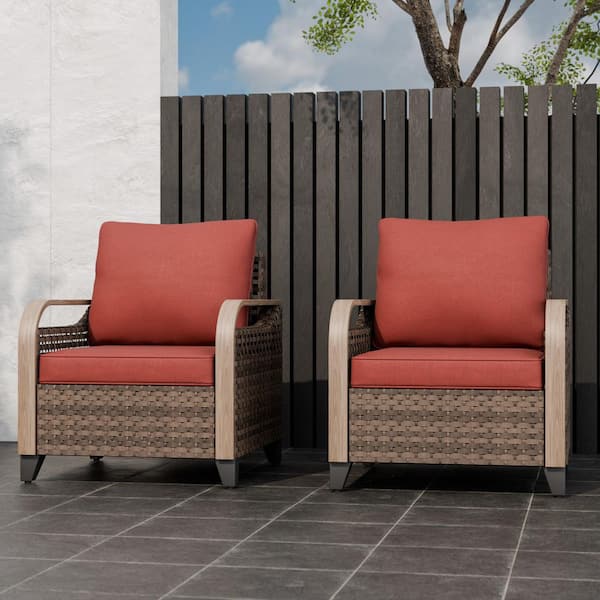 Patio Wicker Outdoor Lounge Chair with Red Cushions(2-Pack)
