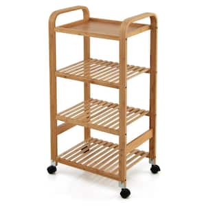 4-Tier Kitchen Serving Trolley Cart Mobile Bamboo Storage Shelf Lockable Casters
