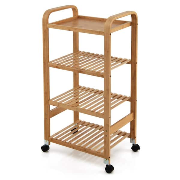 Gymax 4-Tier Kitchen Serving Trolley Cart Mobile Bamboo Storage Shelf Lockable Casters