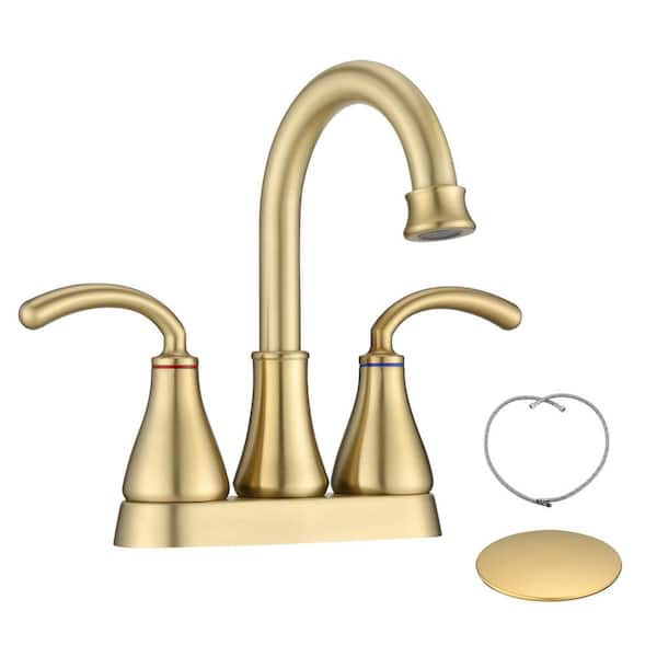Lukvuzo 4 in. Centerset Double Handle High Arc Bathroom Faucet with Drain Kit Included in Brushed Gold