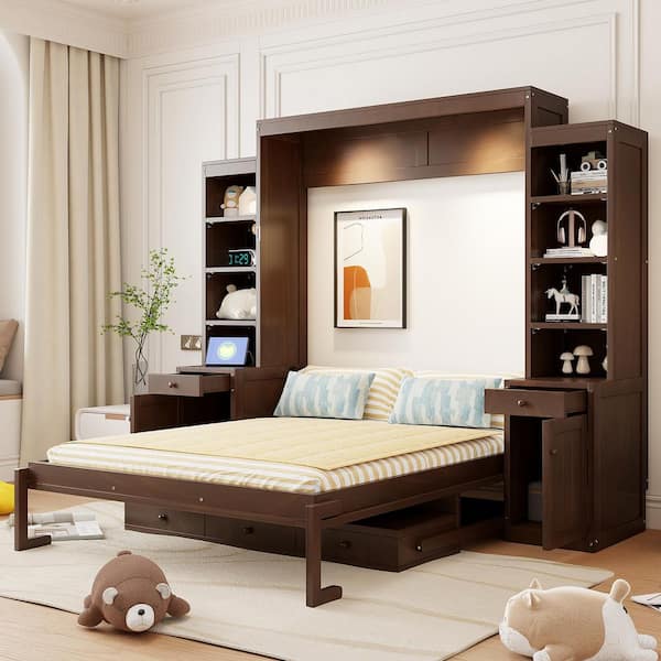 Aranya Dark Brown Wood Frame Queen Size Murphy Bed with Desk and Storage