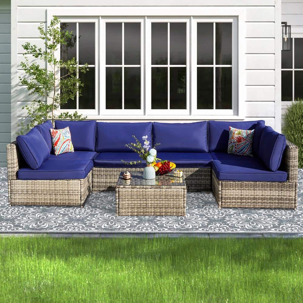 Outdoor Wicker Patio Conversation Set with Blue Cushions and Mesh Back, 400