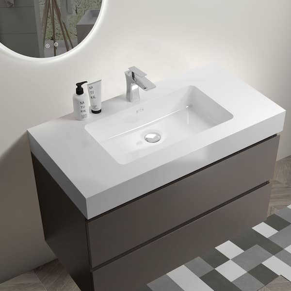 36 in. Single Sink Wall Mounted Gray Bath Vanity with White Solid Surface Top Pre-Assembled