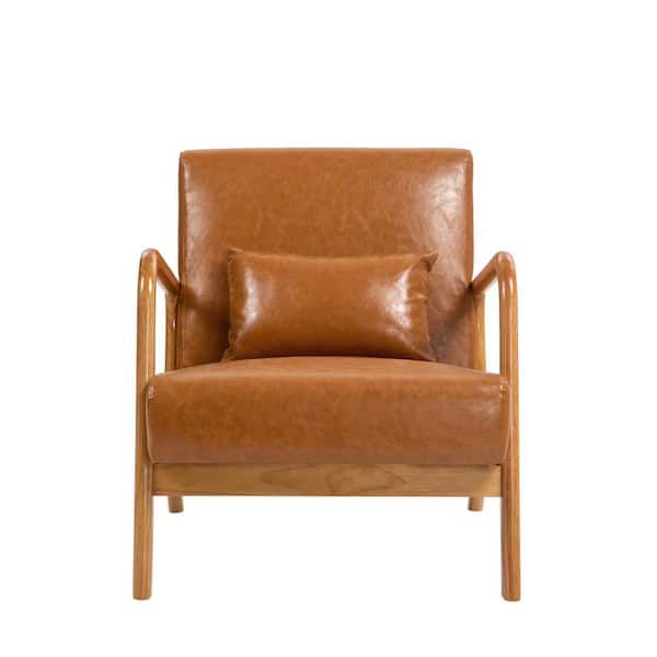 Mid-Century Light Brown Wood Frame Faux Leather Upholstered Accent Arm Chair With 1 Pillow(set of 1)