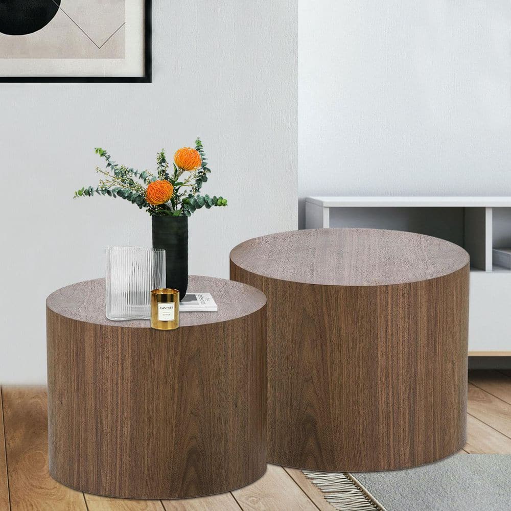 Walnut Round Wood Nesting Coffee Table Set of 2