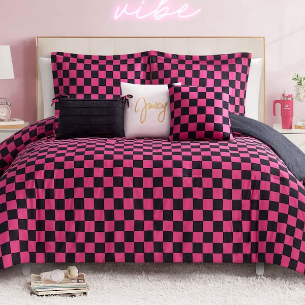 Checkerboard 6-Piece Black/Hot Pink Geometric Microfiber Full/Queen Comforter Set