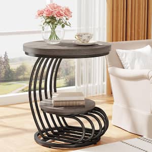 19.68 in. Width Gray Wood and Metal C-Shape End Table, Round Side Table for Living Room, Bedroom