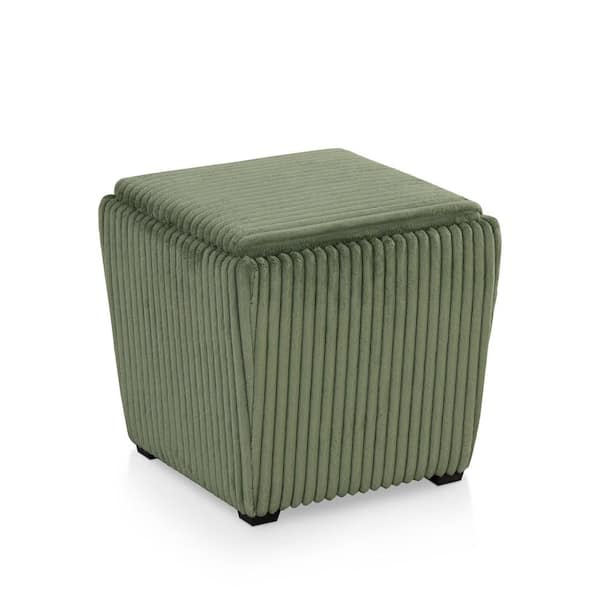 Fana Green Corduroy Fabric Square Storage Ottoman With Tray Top