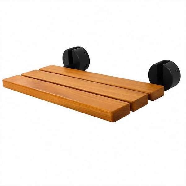 20 in. Wall Mounted Folding Teak Shower Seat in Black and Yellow, Fold Down Shower Bench, Teak Wood Stool