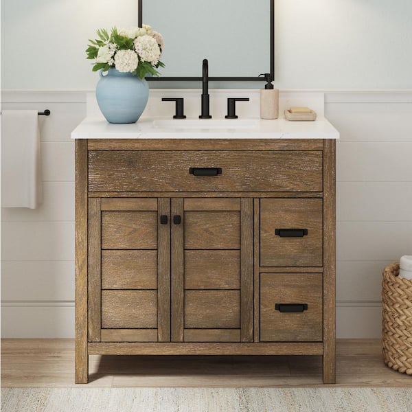 Stanhope 37 in. Single Sink Reclaimed Oak Bath Vanity with Crystal White Engineered Stone Top (Assembled)