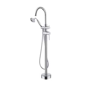 Double Lever Handle Freestanding Tub Filler Bathtub Faucet with Hand Held Shower in Chrome