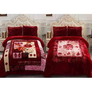 Burgundy Floral 2-Ply Reversible Polyester Fleece Mink 85 in. x 93 in. 10 lbs. Winter Blanket
