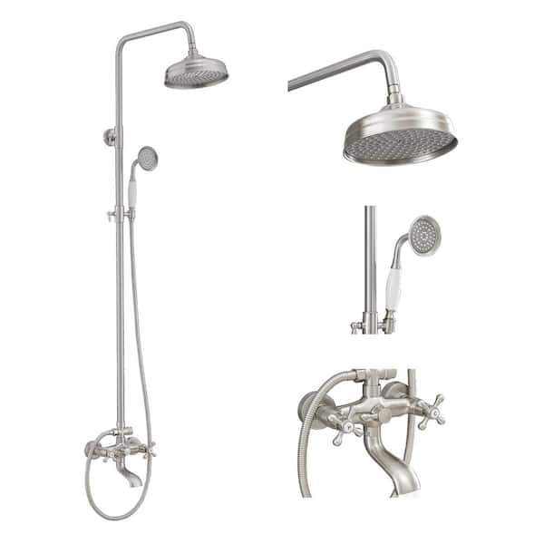 3-Spray Bathroom Outdoor Wall Bar Shower Kit with Tub Faucet and Double Cross Handle in Brushed Nickel (Valve Included)