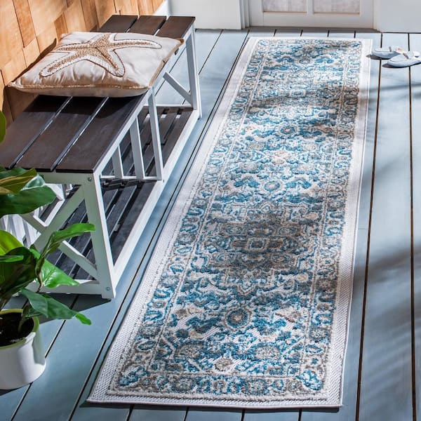 Cabana Navy/Gray 2 ft. x 11 ft. Border Medallion Floral Indoor/Outdoor Patio  Runner Rug