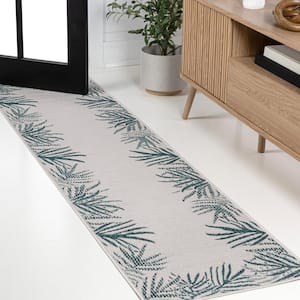 Isla Blue/Cream 2 ft. x 8 ft. Coastal Cottage Palm Frond Border Indoor/Outdoor Runner Rug