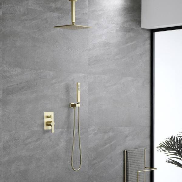 1-Spray Patterns with 2.38 GPM 10 in. Ceiling Mount Dual Shower Heads with Rough-In Valve Body and Trim in Brushed Gold