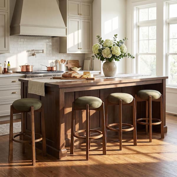 Hendric Modern 30 in. H Dark Walnut Finish Wood Frame and Green Velvet Upholstery Bar Stool with Footrest, Set of 4