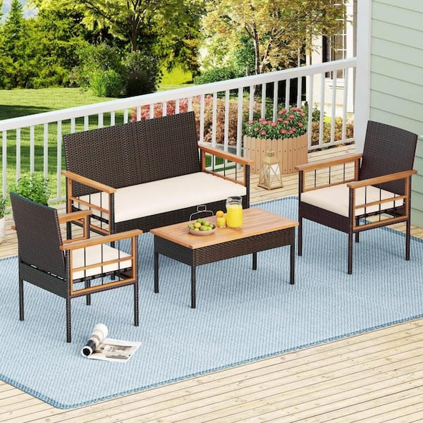 4 Piece Wicker Furniture Set with Acacia Wood Tabletop Armrests Cushions for Backyard