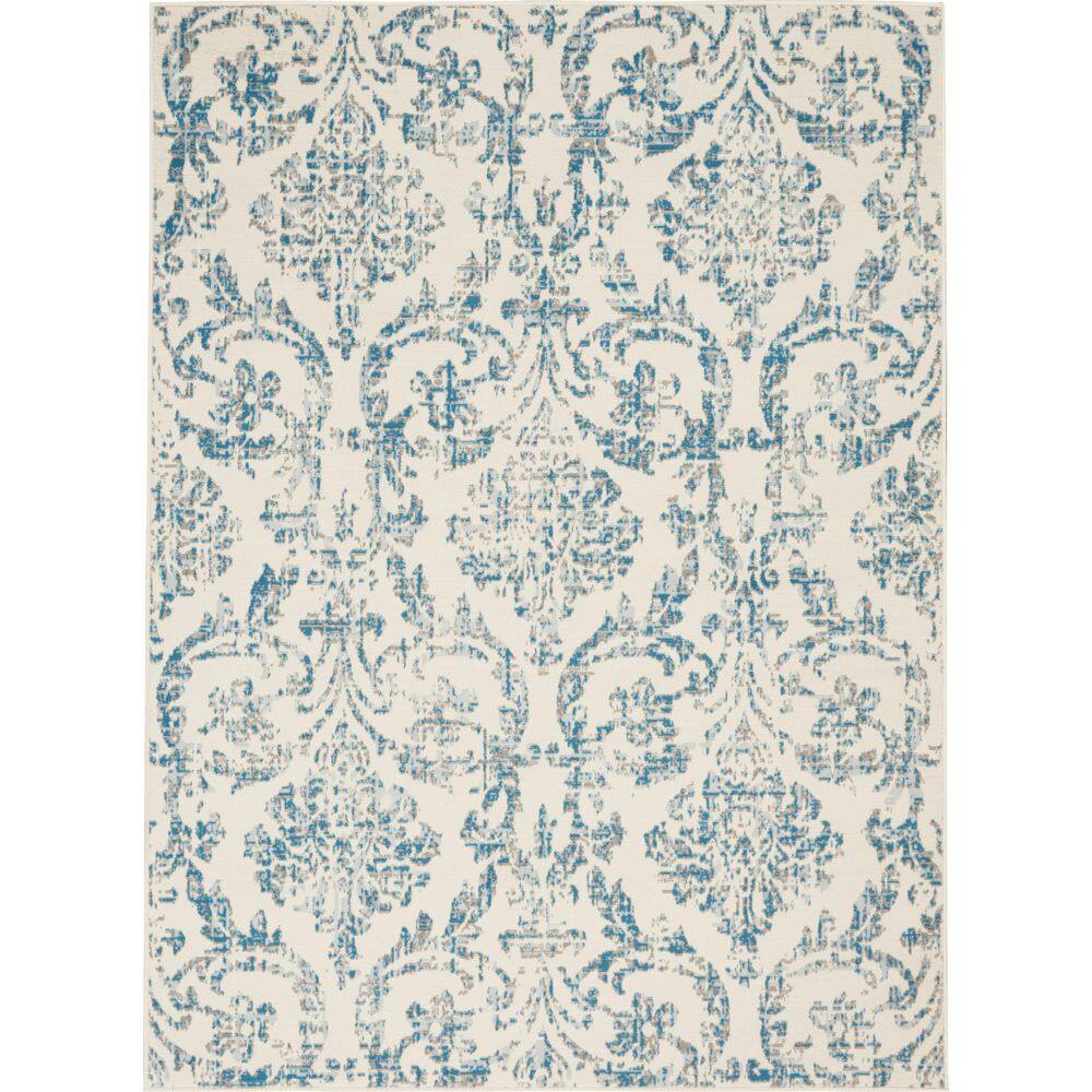 Ivory and Blue Damask Rectangular 6' x 9' Area Rug