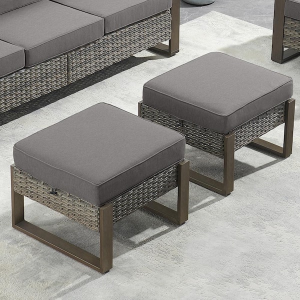 Opohoro Gray Wicker Outdoor Ottoman with Wood-Looking Metal Legs with Gray Cushions for Patio or Backyard Porch (2-Pack)