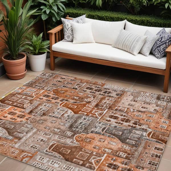 Orange, Copper, Salmon 10 ft. x 14 ft. Woven Geometric Polyester Rectangle Indoor/Outdoor Area Rug