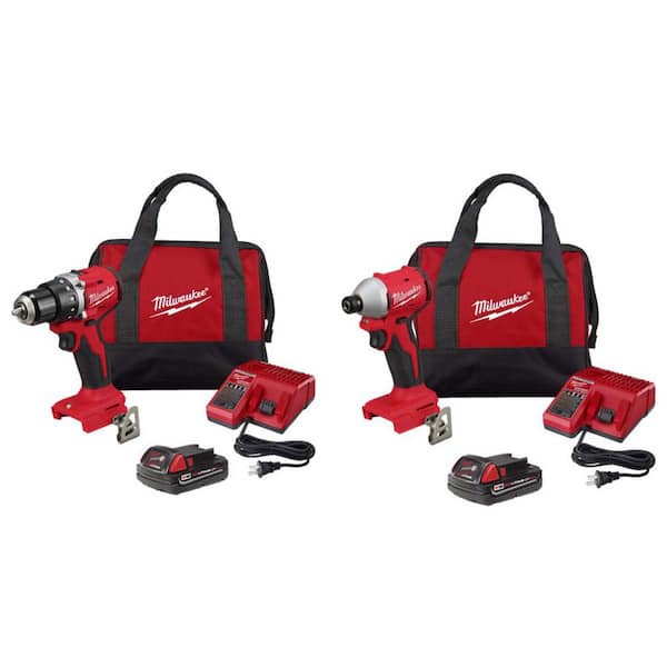 Milwaukee M18 18V Lithium Ion Brushless Cordless 1/2 in Compact Drill & Impact Driver w/(2) 2.0 Ah Batteries, Charger, Tool Bag