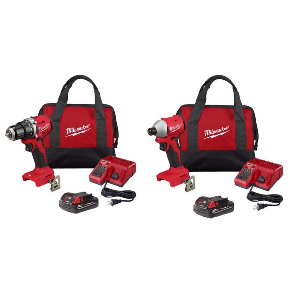 Milwaukee M18 18V Lithium Ion Brushless Cordless 1/2 in Compact Drill & Impact Driver w/(2) 2.0 Ah Batteries, Charger, Tool Bag -  3601-21P-3650